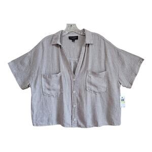 LAUNDRY Shelli Segal Women M Blouse Beige Striped Cropped Linen Blend 46" NEW